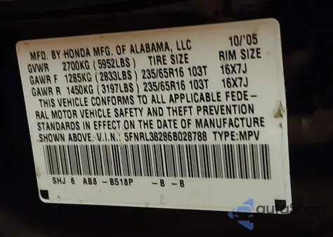 2006 Honda Odyssey Lx из США, поврежденный, VIN 5FNRL38286B028788